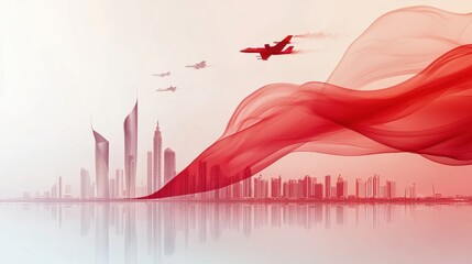 Majestic Cityscape with Red Swirling Fabric and Jets: A Symbolic Representation of Progress and National Pride