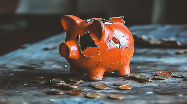 Broken piggy bank with coins scattered around, symbolizing financial struggle and the need for careful budgeting and saving.