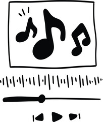 Hand drawn doodle audio player vertical template. Music player interface style buttoms, loading bar, sound wave sign, frame for album photo With illustration style doodle and line art