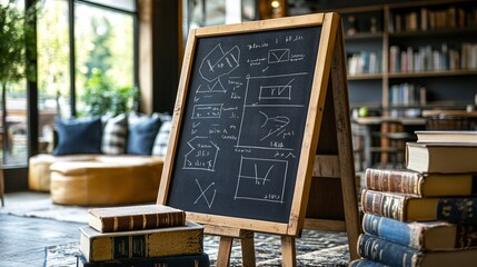 Chalkboard with Graphs and Diagrams in a Cozy Study Environment