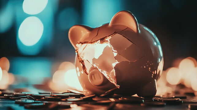 Broken piggy bank with coins scattered around, symbolizing financial struggle and the need for careful budgeting and saving.