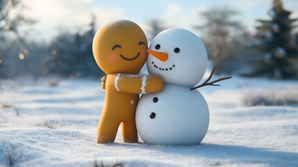Obraz premium Snowman and gingerbread man, 3d, two dolls hugging each other