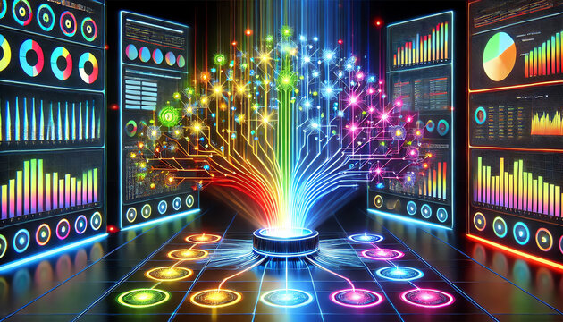 Classification in machine learning, featuring a glowing holographic tree structure with vibrant neon branches