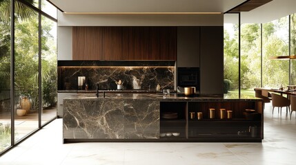 Modern Luxury Kitchen Design With Island and Garden View