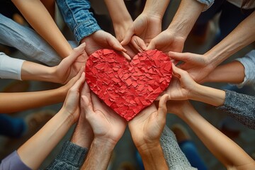 Aerial View of Diverse Hands Holding Red Paper Heart Symbol for Unity and Support on World Organ Donation Day
