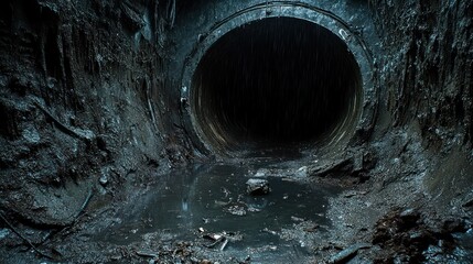 Dark, dirty sewer tunnel entrance with stagnant water and debris.