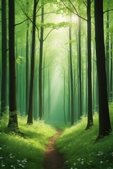 Naklejka premium a close up of a path in a forest with trees