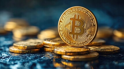 A collection of gold-colored Bitcoin coins on a textured surface, symbolizing cryptocurrency.