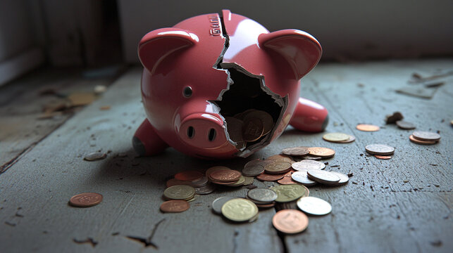 Broken piggy bank with coins scattered around, symbolizing financial struggle and the need for careful budgeting and saving.