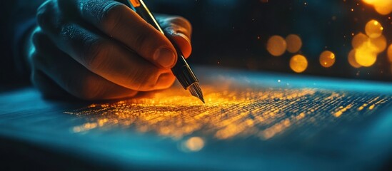 Close-up of a hand writing on a paper with a fountain pen, the pen tip glows and sparks are flying from the paper, bokeh lights in the background.