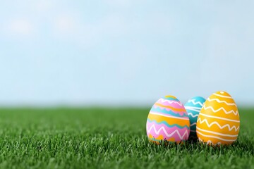 Colorful Easter Egg Hunt Scene in a Sunny Garden with Decorated Eggs and Cheerful Spring Vibes