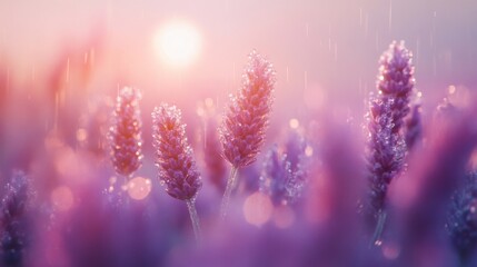 Obraz premium Lavender Flowers Under Soft Rain with Sunset Light Glow