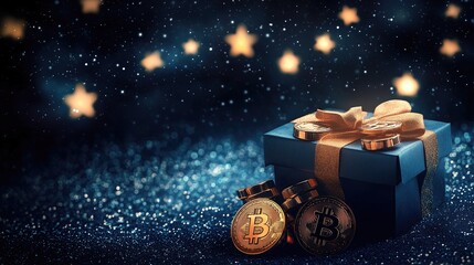 Fototapeta premium A festive gift box surrounded by Bitcoin coins and a starry background.