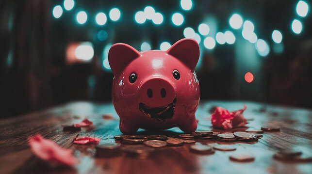 Broken piggy bank with coins scattered around, symbolizing financial struggle and the need for careful budgeting and saving.