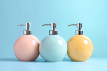 Fototapeta premium curves ceramic soap dispenser smooth round form pastel tones bright studio background modern bathroom accessory