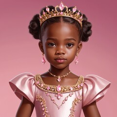 Portrait of a Majestic Young African-American Princess Adorned in Pink and Gold Regal Attire, Digitally Rendered in Exquisite Detail, Evoking a Sense of Elegance and Royal Grandeur