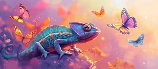 A vibrant chameleon sits on a rock surrounded by colorful butterflies in a dreamy, sunset landscape.