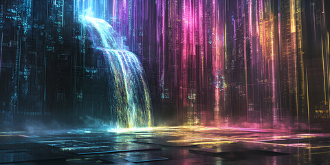Cyberpunk Waterfall: A mesmerizing digital painting of a vibrant waterfall cascading through a neon-lit cyberpunk cityscape.  The scene is drenched in iridescent hues.