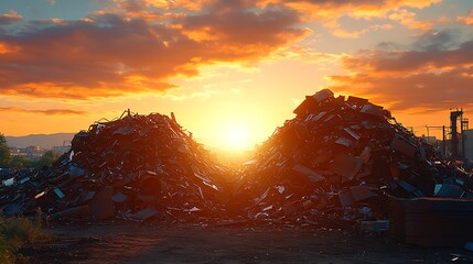 Sunset over two piles of scrap metal at a junkyard.