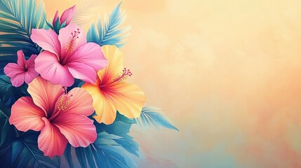 Fototapeta premium Vibrant Tropical Floral Arrangement Watercolor Hibiscus Flowers Summer Template Artistic Background