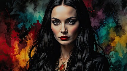 A woman with long black hair and bold red lips gazes intently at the viewer surrounded by colorful...