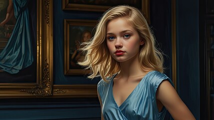 Obraz premium In an art gallery a young girl wearing an elegant blue dress poses with confidence surrounded by classic paintings and rich decor creating a charming atmosphere