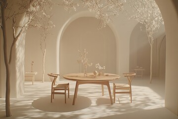 Serene Minimalist Dining Room With Wooden Table And Chairs