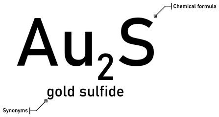 Gold sulfide chemical formula and synonyms with callout titles