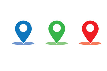 Route location icon. Two pins, blue pin, red pointer and dashed line as concept of travel map navigation, destination point, GPS tracking. Modern simple flat vector illustration of roadmap sign.