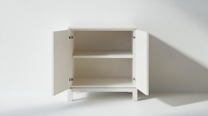A small white cabinet with an open door--S 250. 