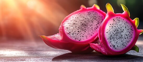 Two halves of a fresh dragon fruit with a soft, warm light shining on them.
