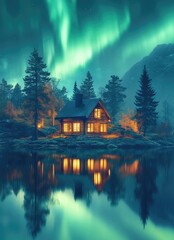 Fototapeta premium Illuminated Cabin Reflects in Still Lake Under Aurora Borealis