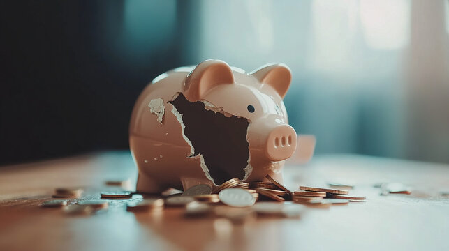 Broken piggy bank with coins scattered around, symbolizing financial struggle and the need for careful budgeting and saving.