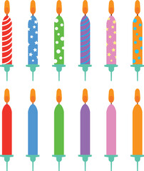 Collection colorful candles for birthday, isolated on white background. Cartoon flat design. Vector illustration.