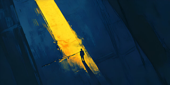 A solitary figure stands at the threshold of a luminous future, bathed in the warm glow of a vibrant yellow pathway that slices through a deep blue expanse.