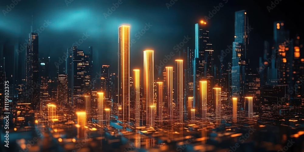 Poster Futuristic Data Visualization with Glowing Graphs and Dynamic Charts in Cyberpunk Style