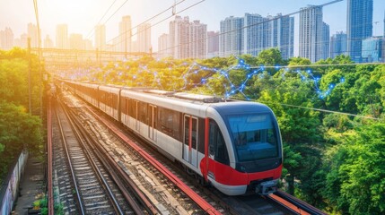 Naklejka premium Modern Electric Train Moves Through Urban Landscape and Greenery