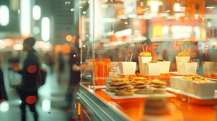 A vibrant display of delicious fast food, featuring burgers, fries, and soft drinks in a lively urban setting.