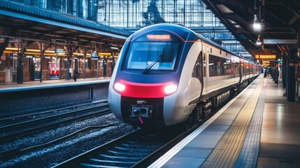 Fototapeta premium Modern Passenger Train Arriving at a Train Station Platform