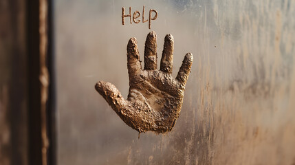 Obraz premium handprint smeared with mud on glass door, conveying sense of urgency