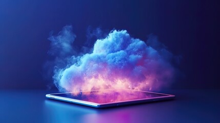 Cloud computing concept; glowing cloud emerging from tablet.