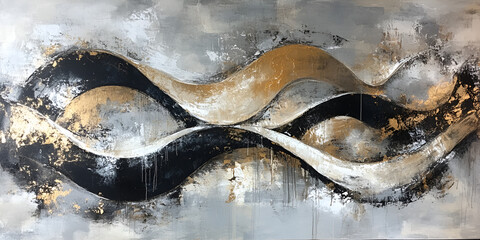 Fototapeta premium Abstract Gold Swirls Painting: A mesmerizing, abstract canvas painting featuring bold black, white, and gold swirls, capturing a sense of fluidity and dynamic energy.