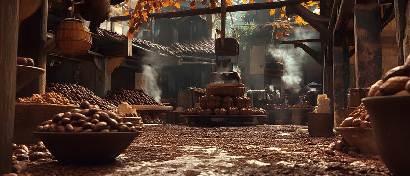 A bustling production area filled with various bowls of nuts and spices