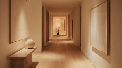Serene and Minimalist Hallway with Natural Light and Artwork