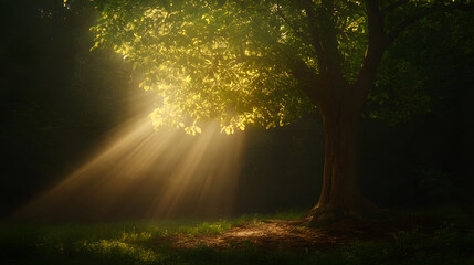 Obraz premium tree with golden light rays shining through its leaves creates serene atmosphere