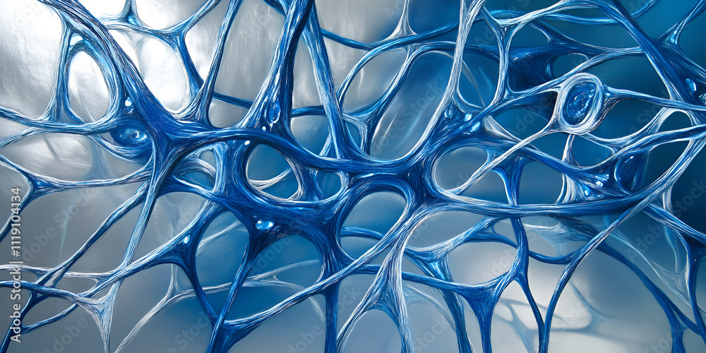 Poster abstract neural network: intricate web of glowing blue nodes and connections, resembling a complex n