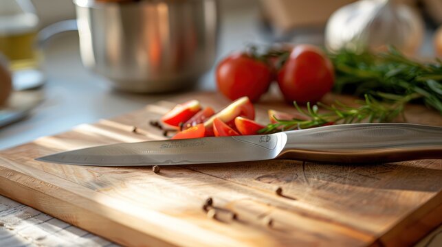 modern stainless steel knife on wooden cutting board