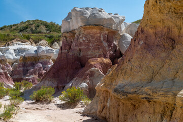 Colorful rock formations rise amid sparse vegetation in a scenic landscape during daylight in a natural preserve