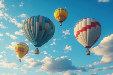 Four hot air balloons soar against a vibrant blue sky, fluffy clouds dotting the horizon. Perfect for travel, adventure, or freedom concepts.