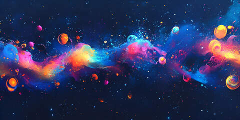 Cosmic Dance of Color: Abstract art depicting a vibrant, swirling nebula of rainbow hues and luminous orbs, evokes feelings of wonder and cosmic energy. 